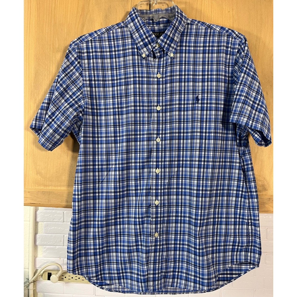 Polo Ralph Lauren Button Down Men L Blue Plaid Excellent Classic Fit Performance